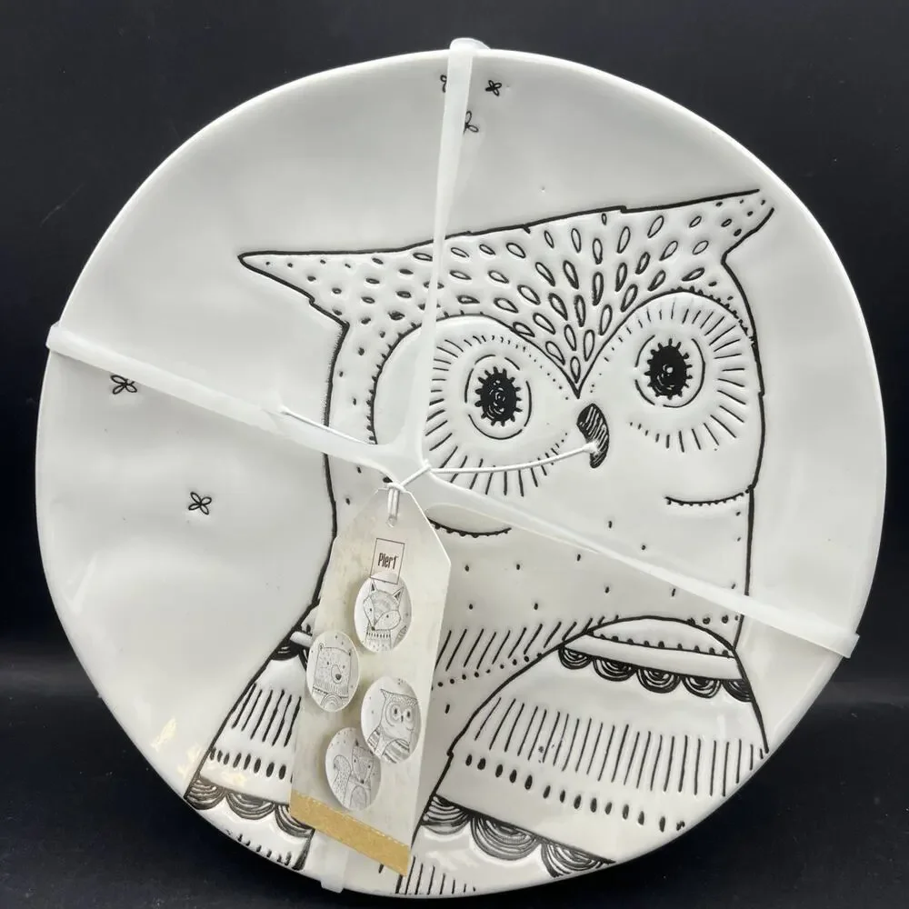 Pier 1 Stoneware Modern Critters 4 Salad Plates 8.5” Owl Bear Fox Raccoon NEW